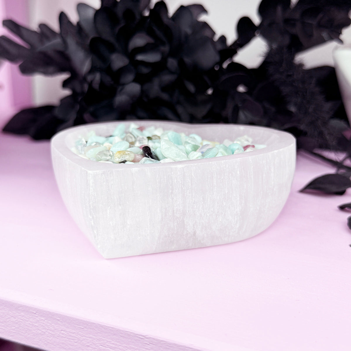 Satin Spar Heart Bowl + Chips (aka Selenite)