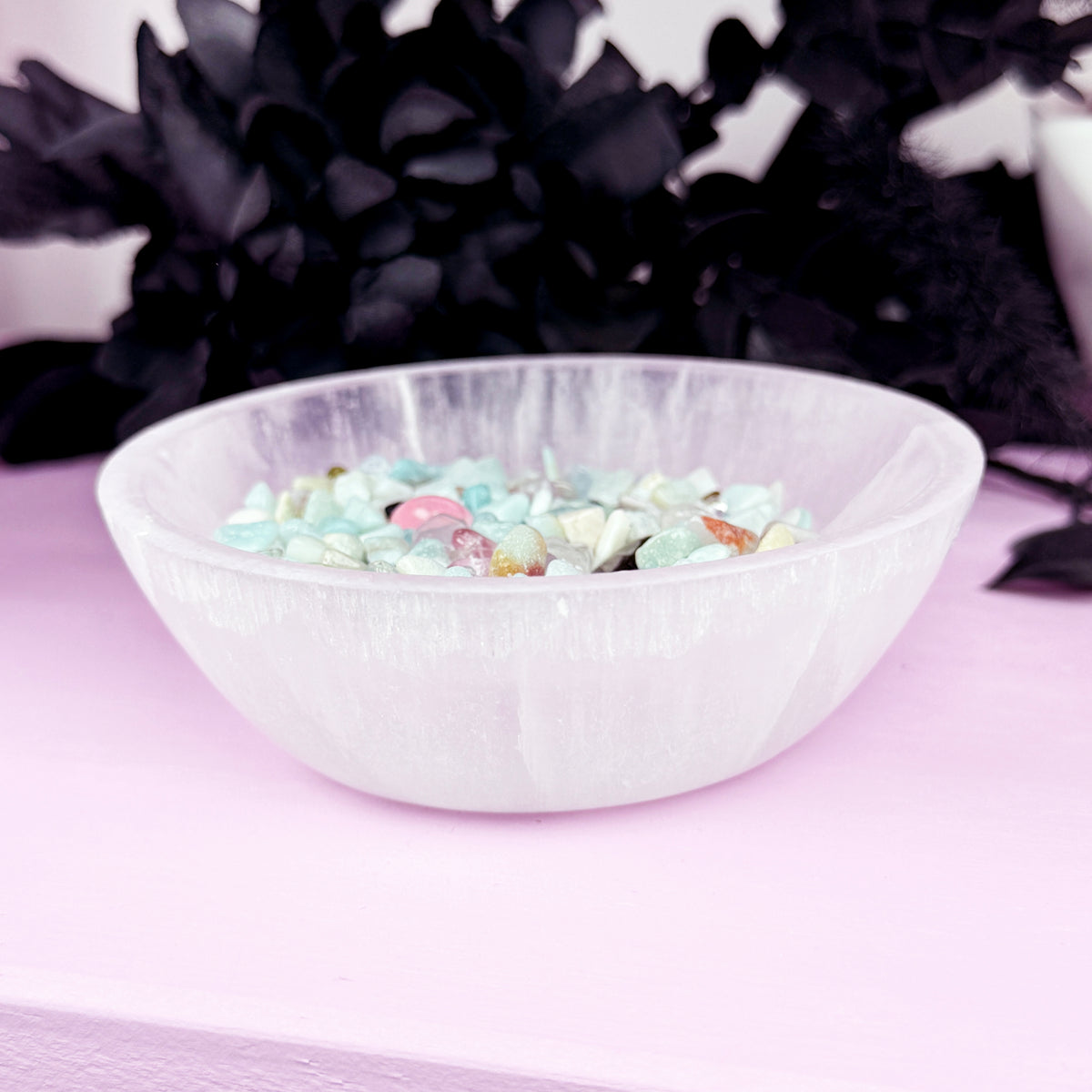 Satin Spar Round Bowl + Chips (aka Selenite)