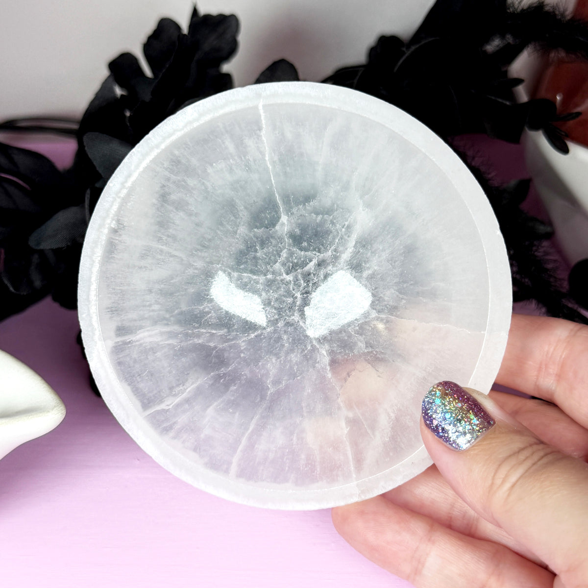 Satin Spar Round Bowl + Chips (aka Selenite)