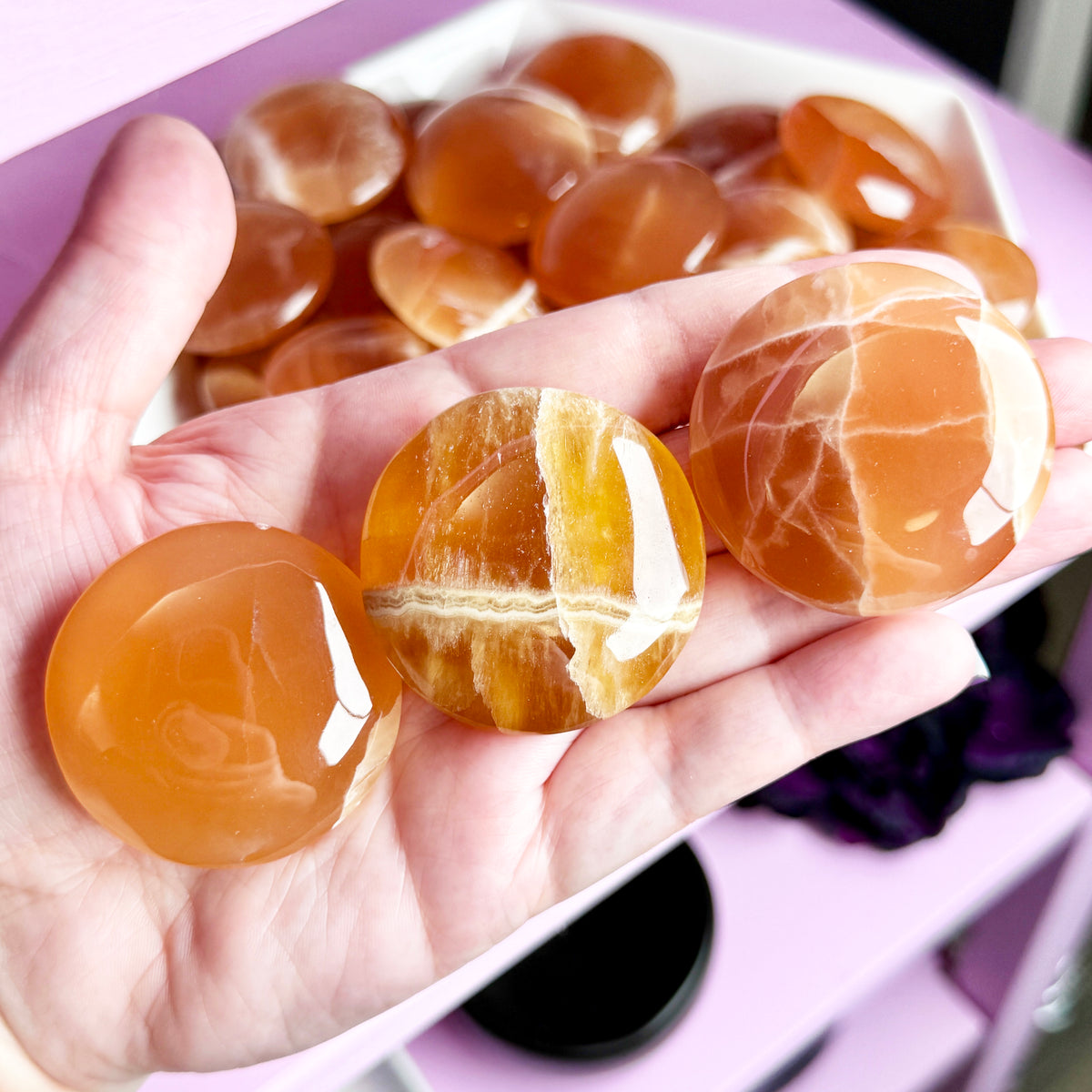 Honey Calcite Round Palm Stone