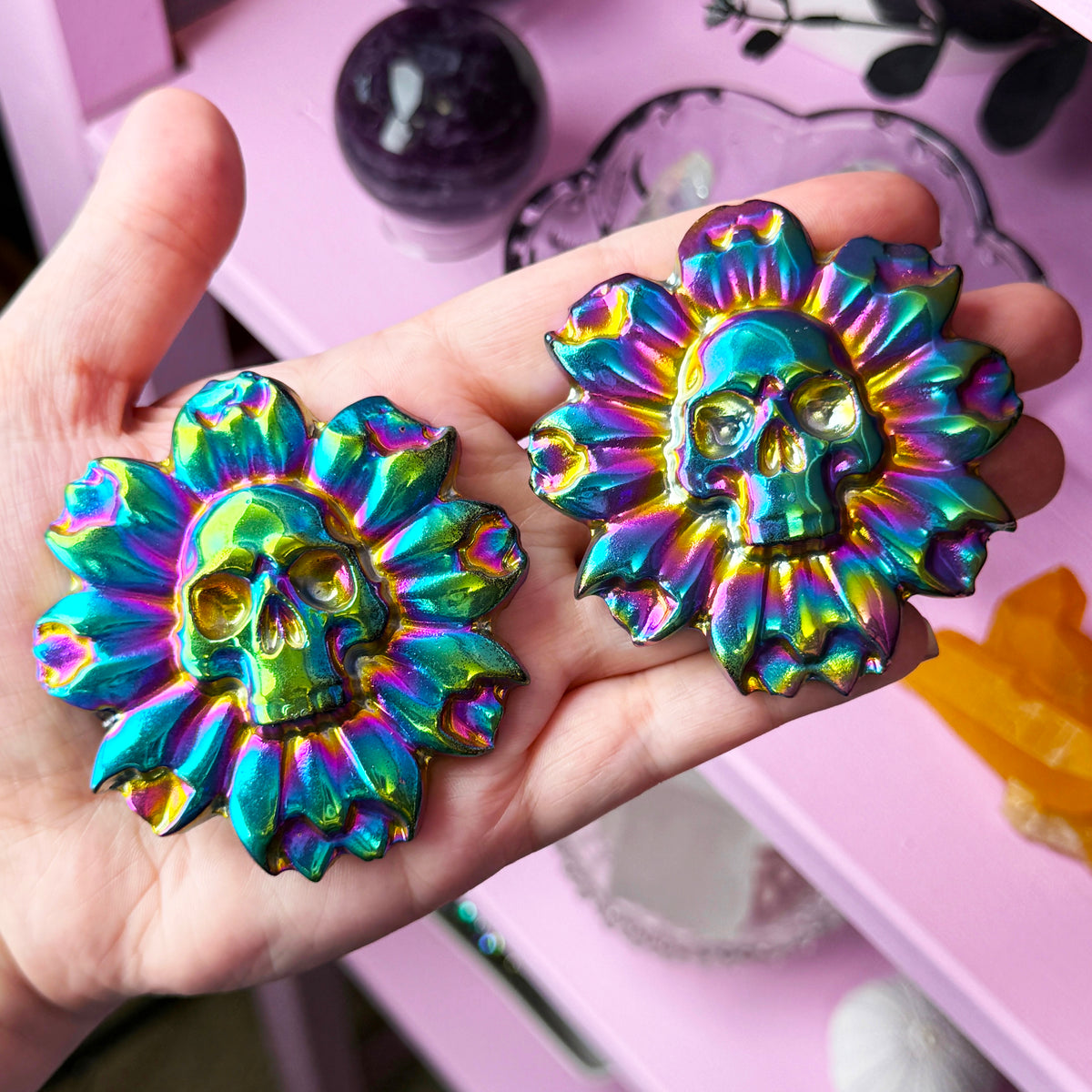 Titanium Aura Black Obsidian Skull Flower