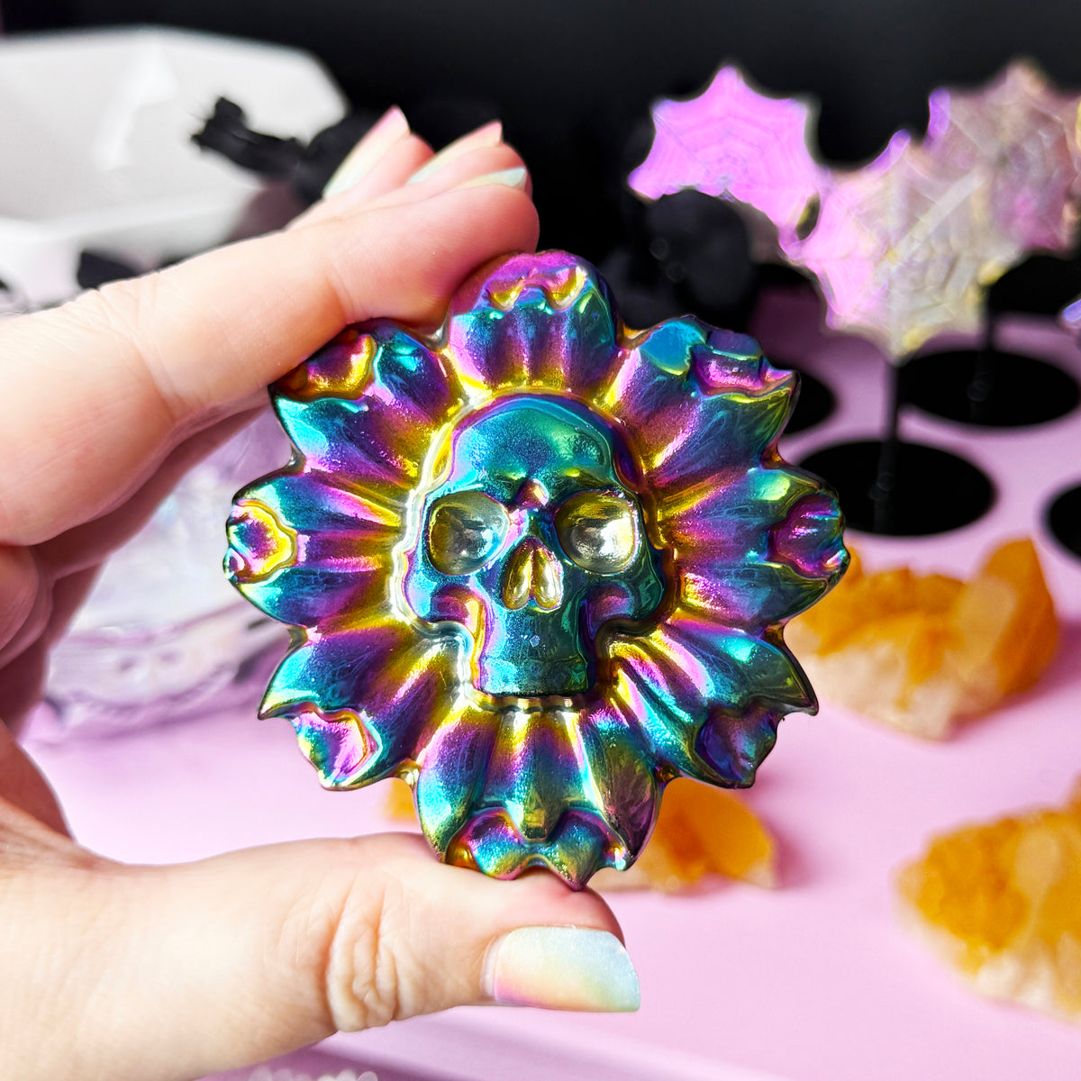 Titanium Aura Black Obsidian Skull Flower
