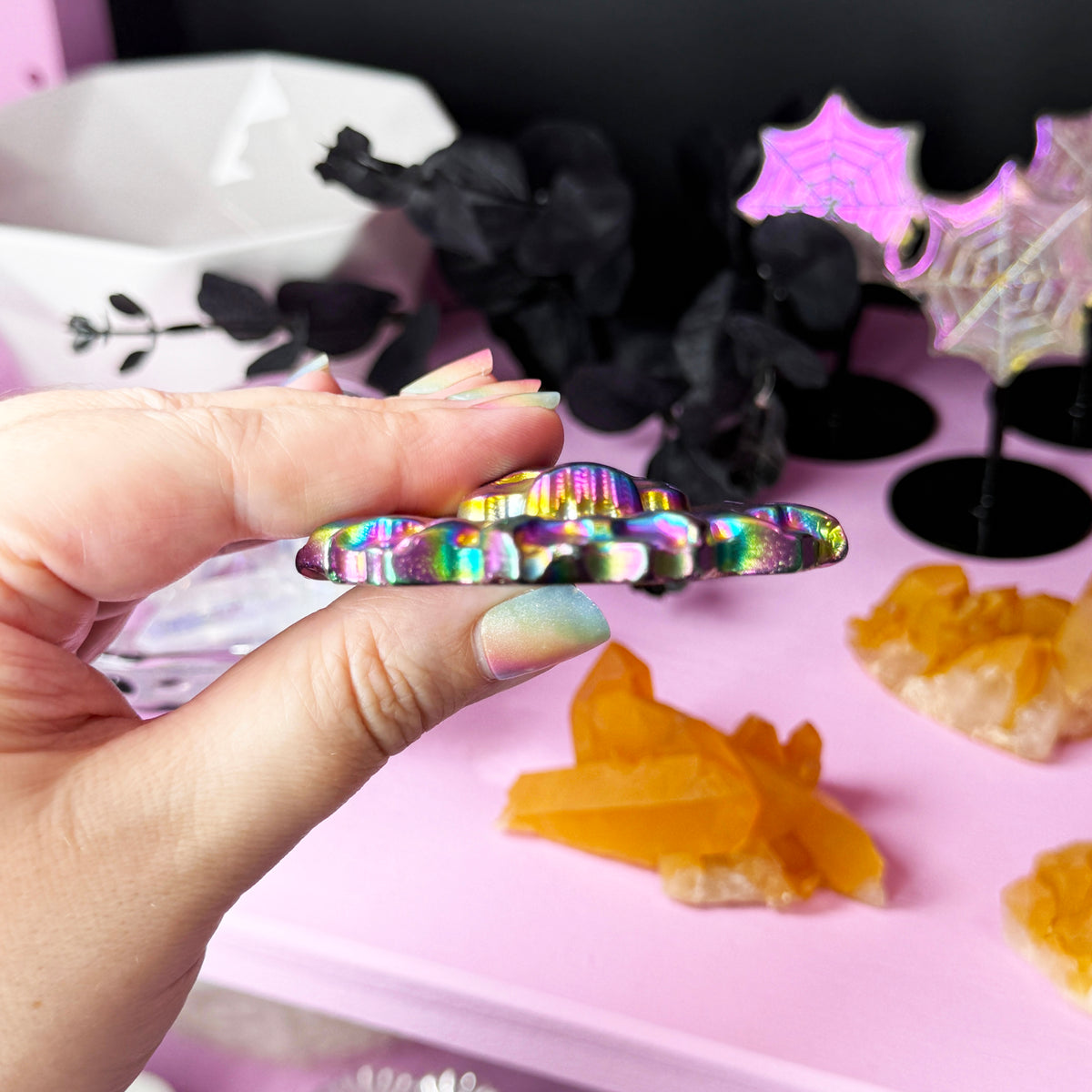 Titanium Aura Black Obsidian Skull Flower