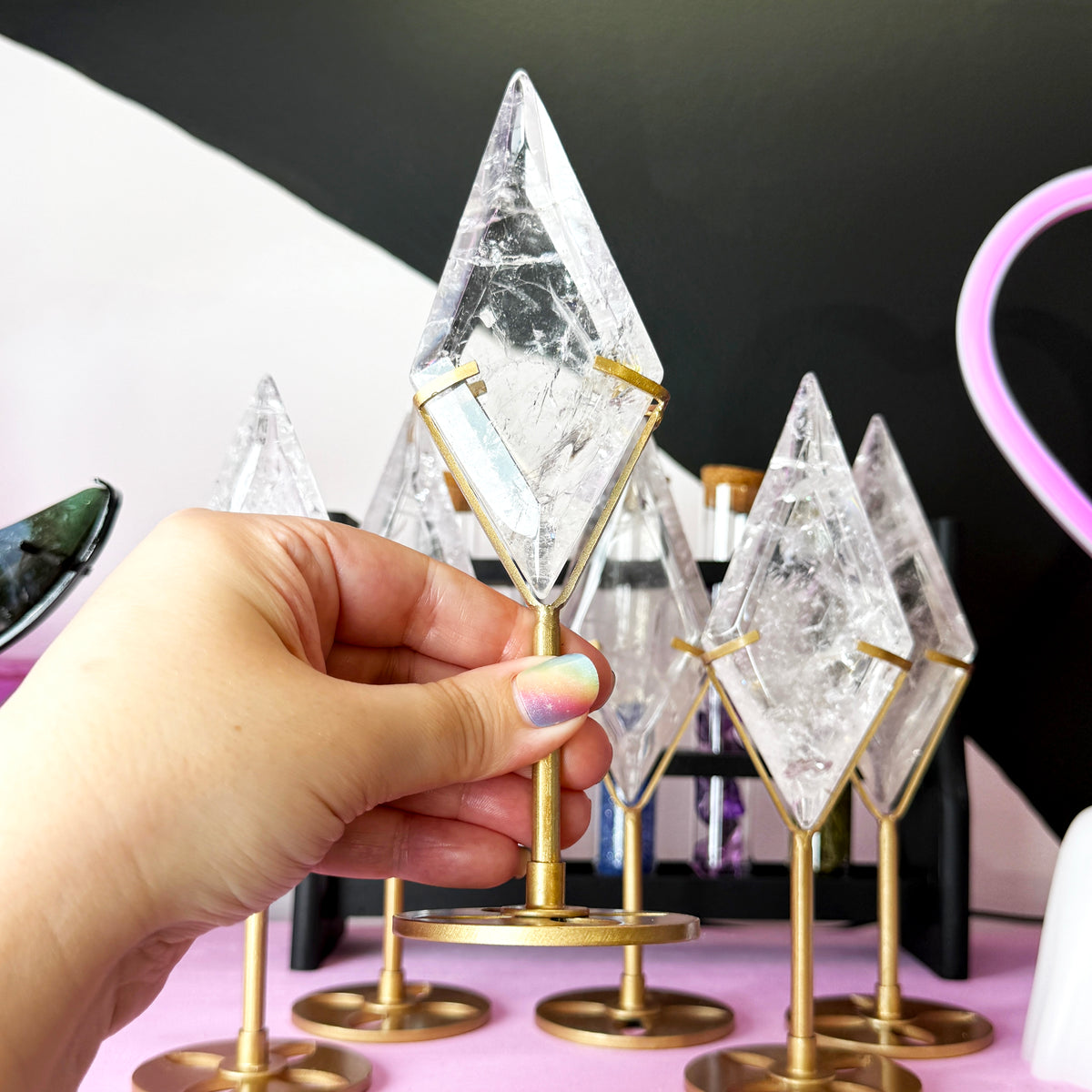 Clear Quartz Diamond + Metal Stand