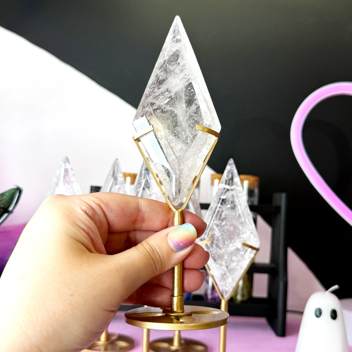 Clear Quartz Diamond + Metal Stand