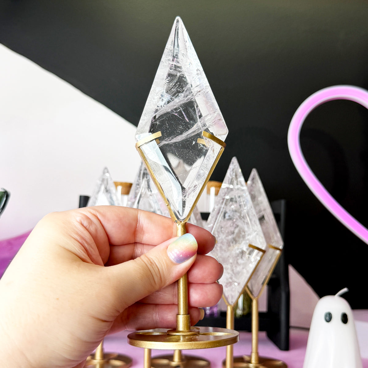 Clear Quartz Diamond + Metal Stand
