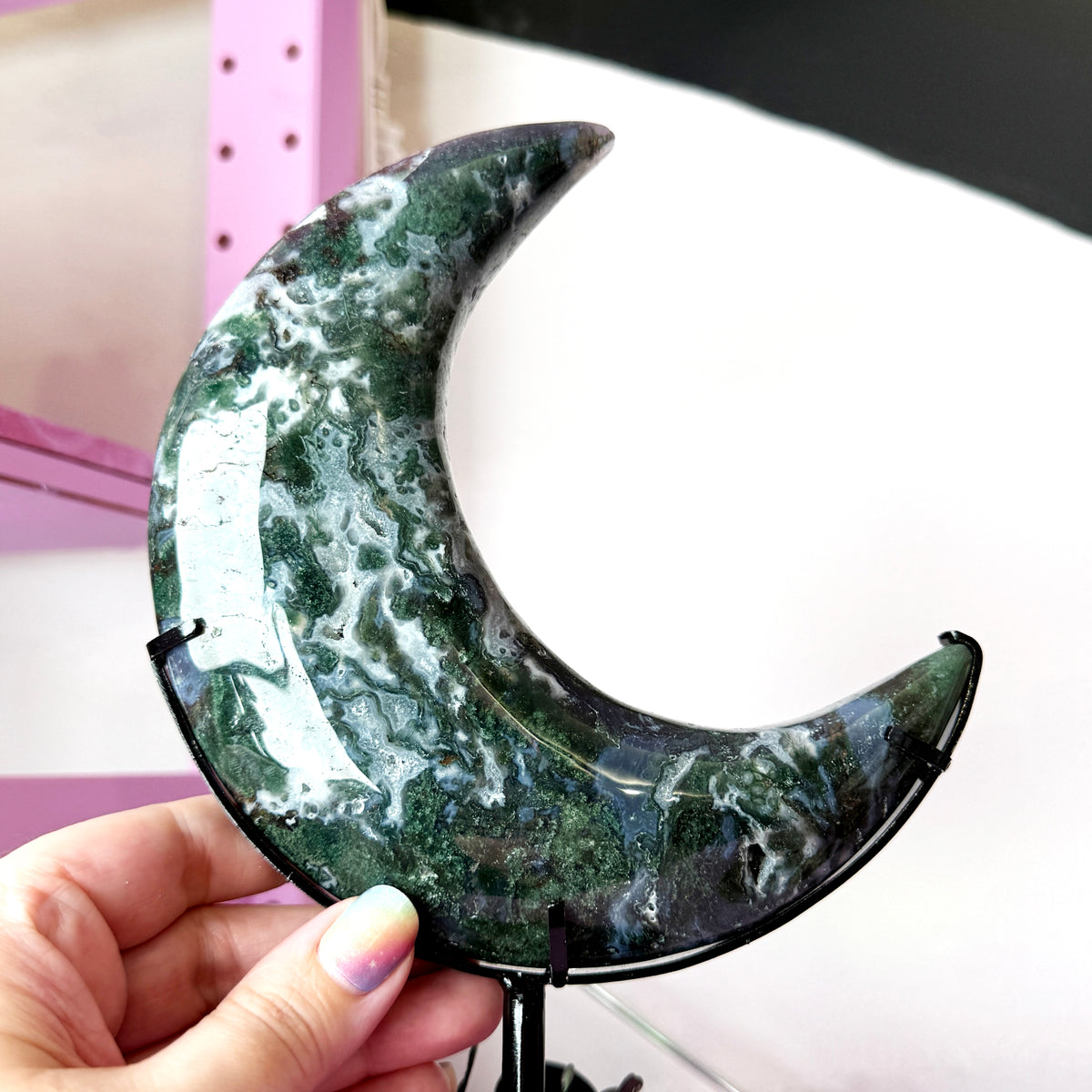 XL Moss Agate Moon + Metal Stand