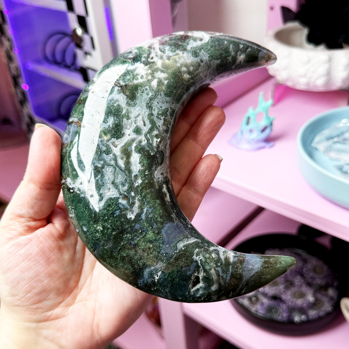 XL Moss Agate Moon + Metal Stand