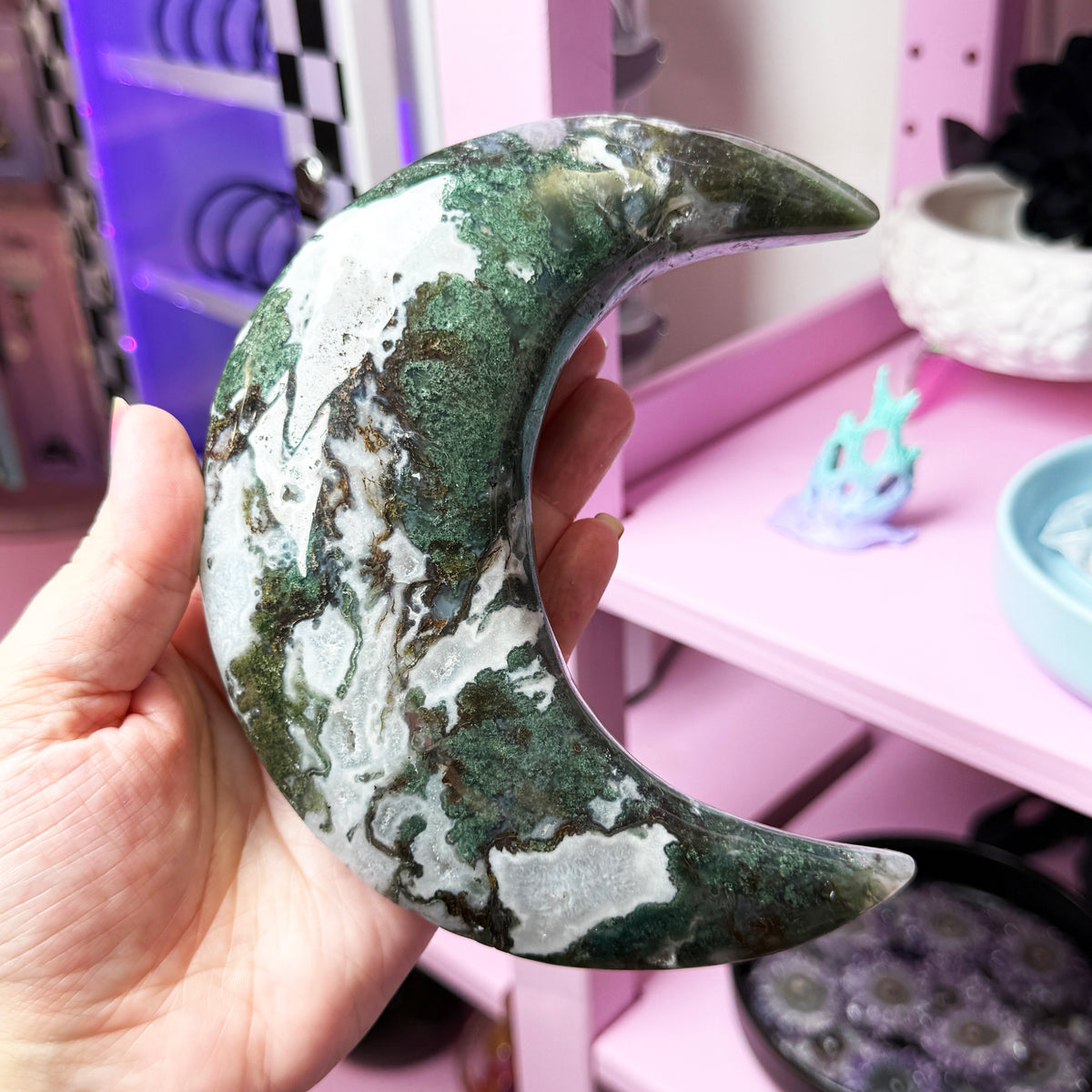 XL Moss Agate Moon + Metal Stand