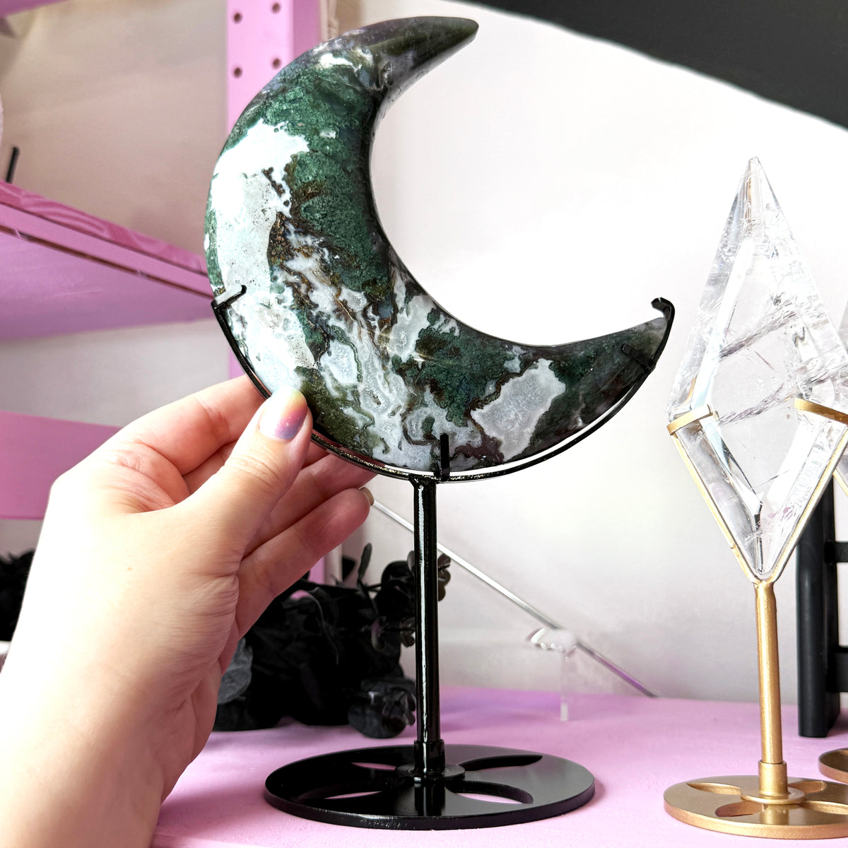 XL Moss Agate Moon + Metal Stand