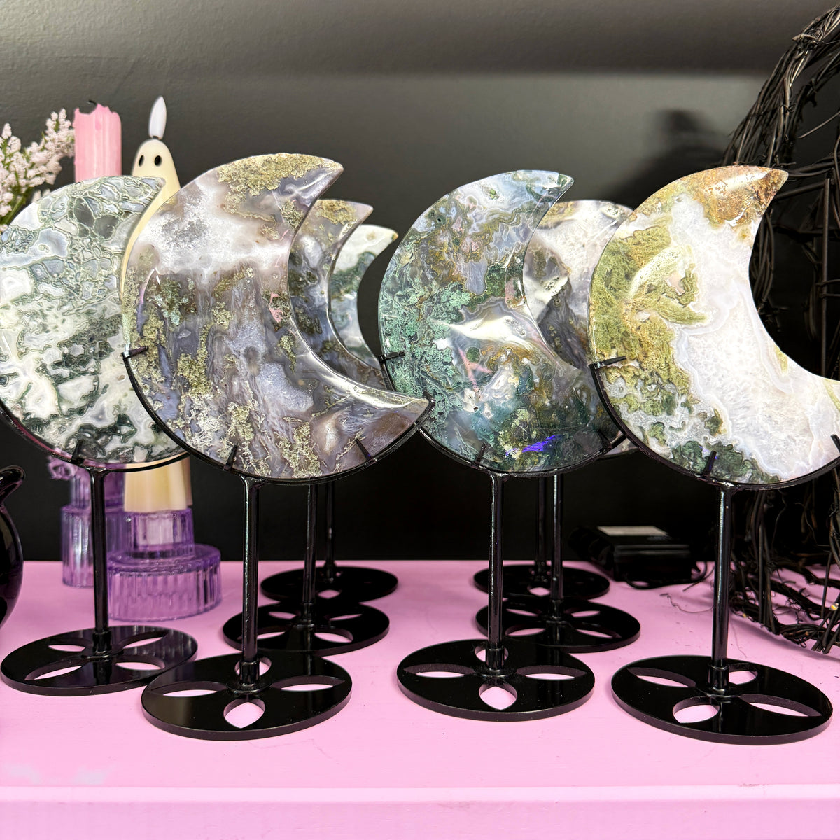 Moss Agate Moon + Metal Stand