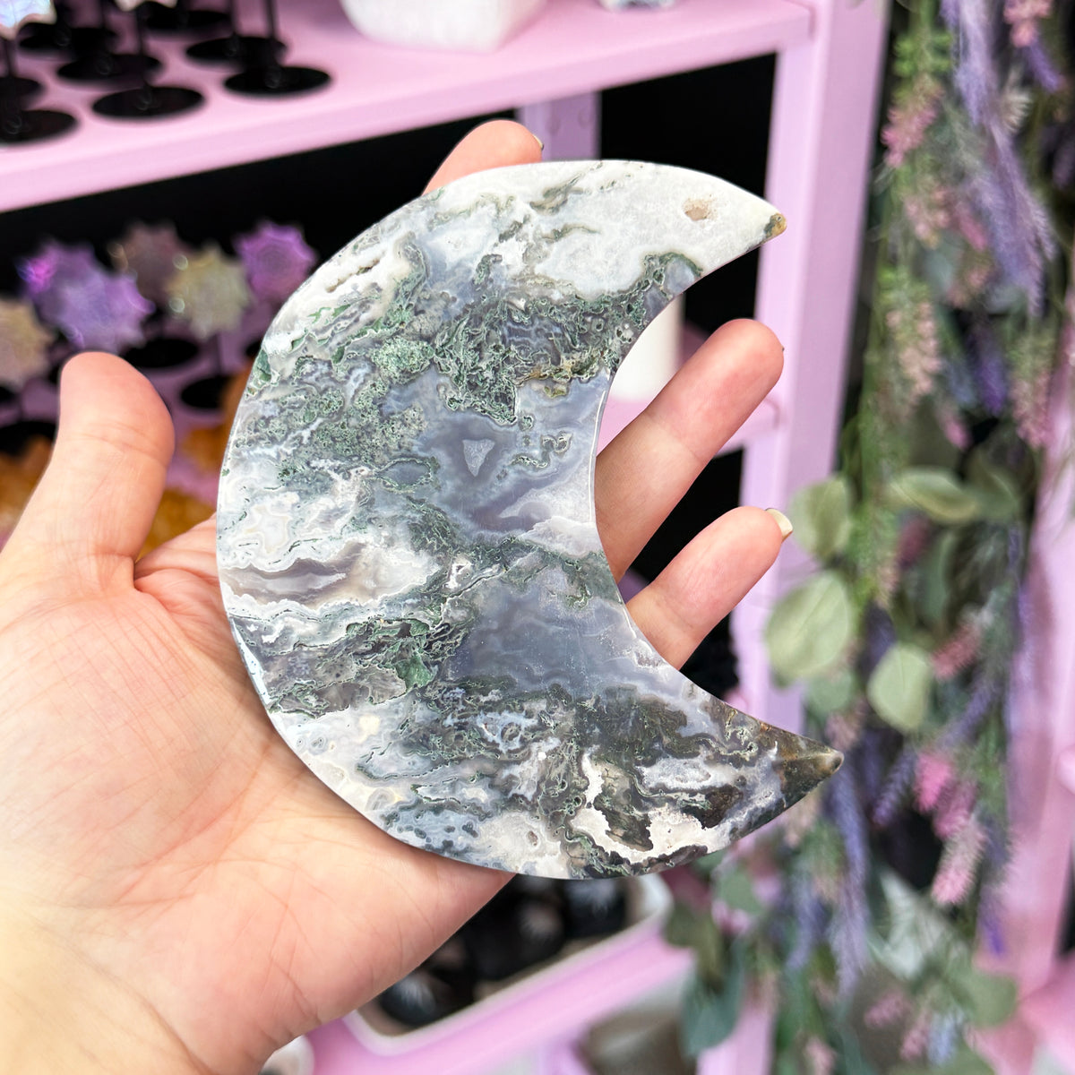 Moss Agate Moon + Metal Stand