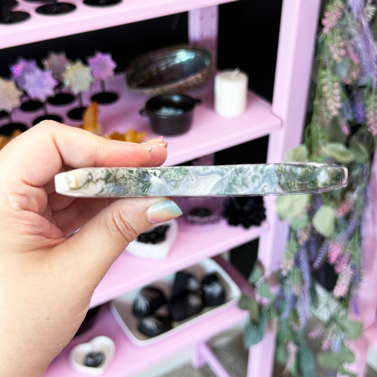 Moss Agate Moon + Metal Stand