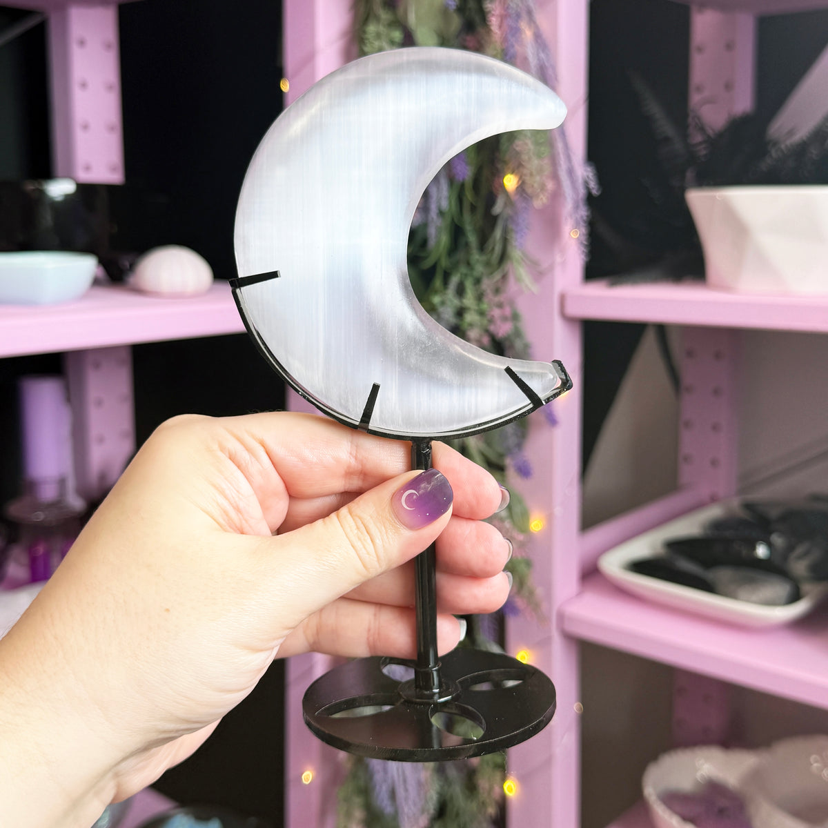Satin Spar Moon + Stand (aka Selenite)