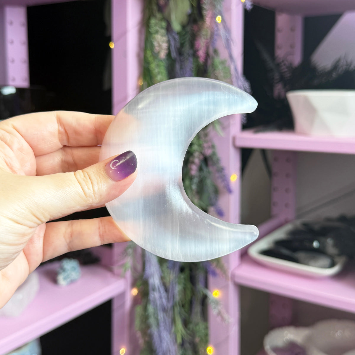 Satin Spar Moon + Stand (aka Selenite)