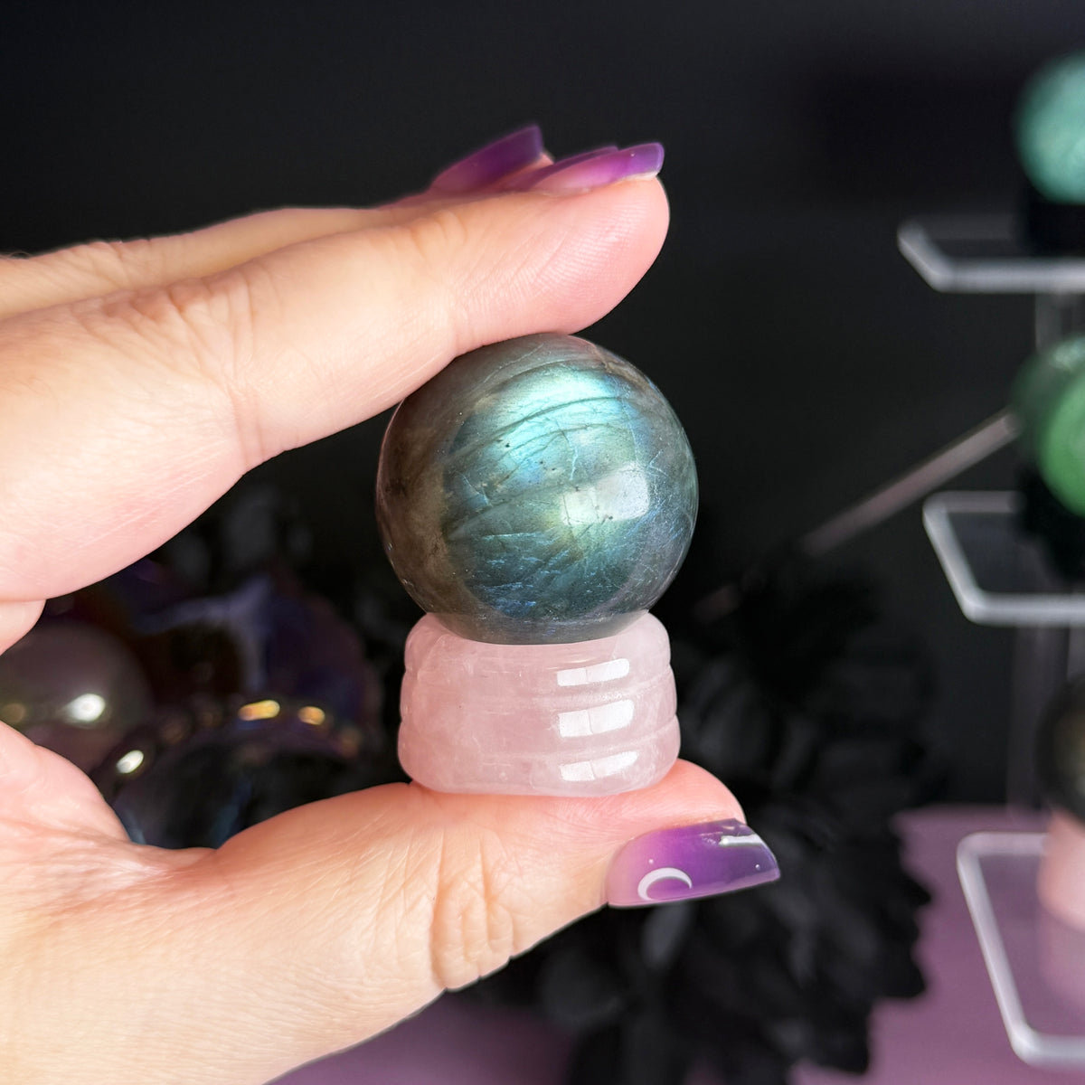 Labradorite Sphere + Rose Quartz Stand