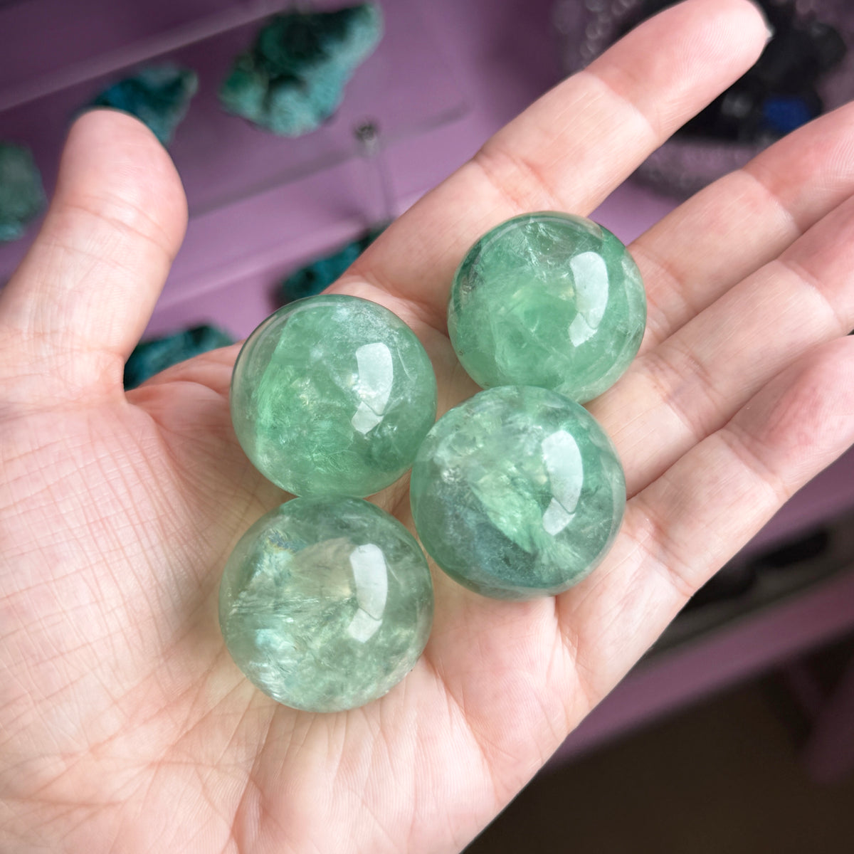 Green Fluorite Sphere + Black Obsidian Stand