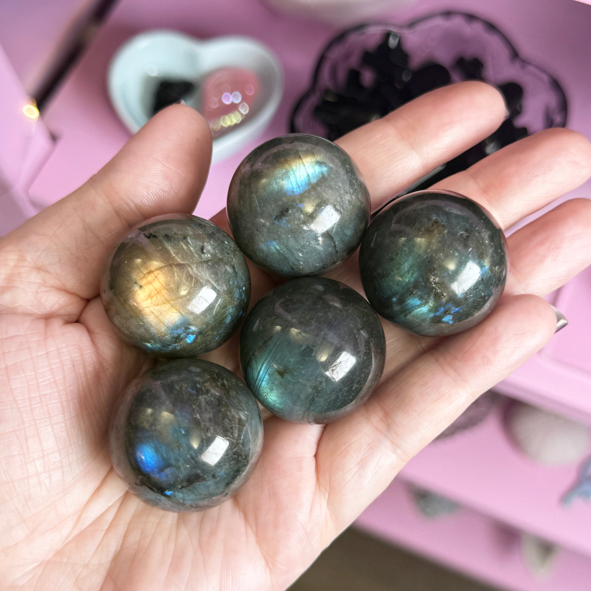 Labradorite Sphere + Rose Quartz Stand