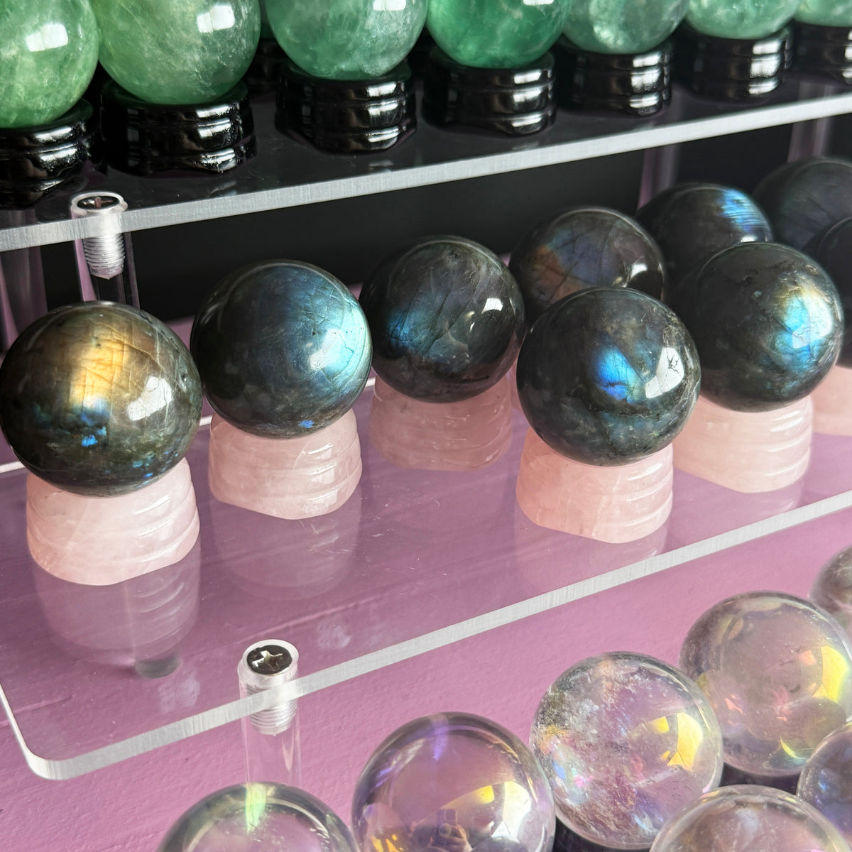Labradorite Sphere + Rose Quartz Stand