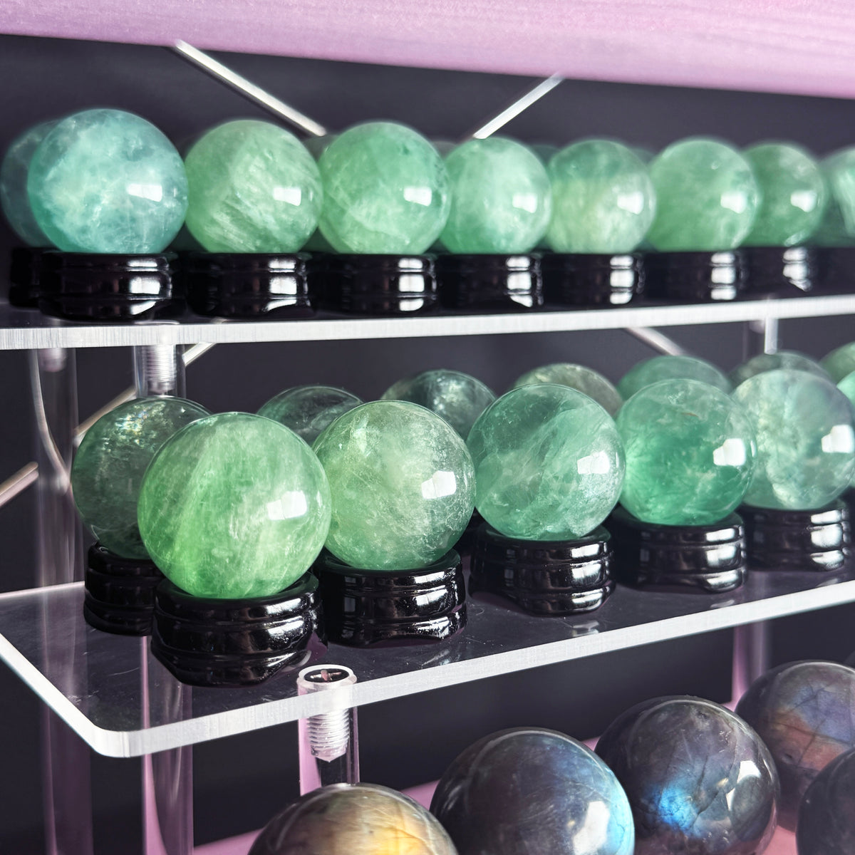 Green Fluorite Sphere + Black Obsidian Stand
