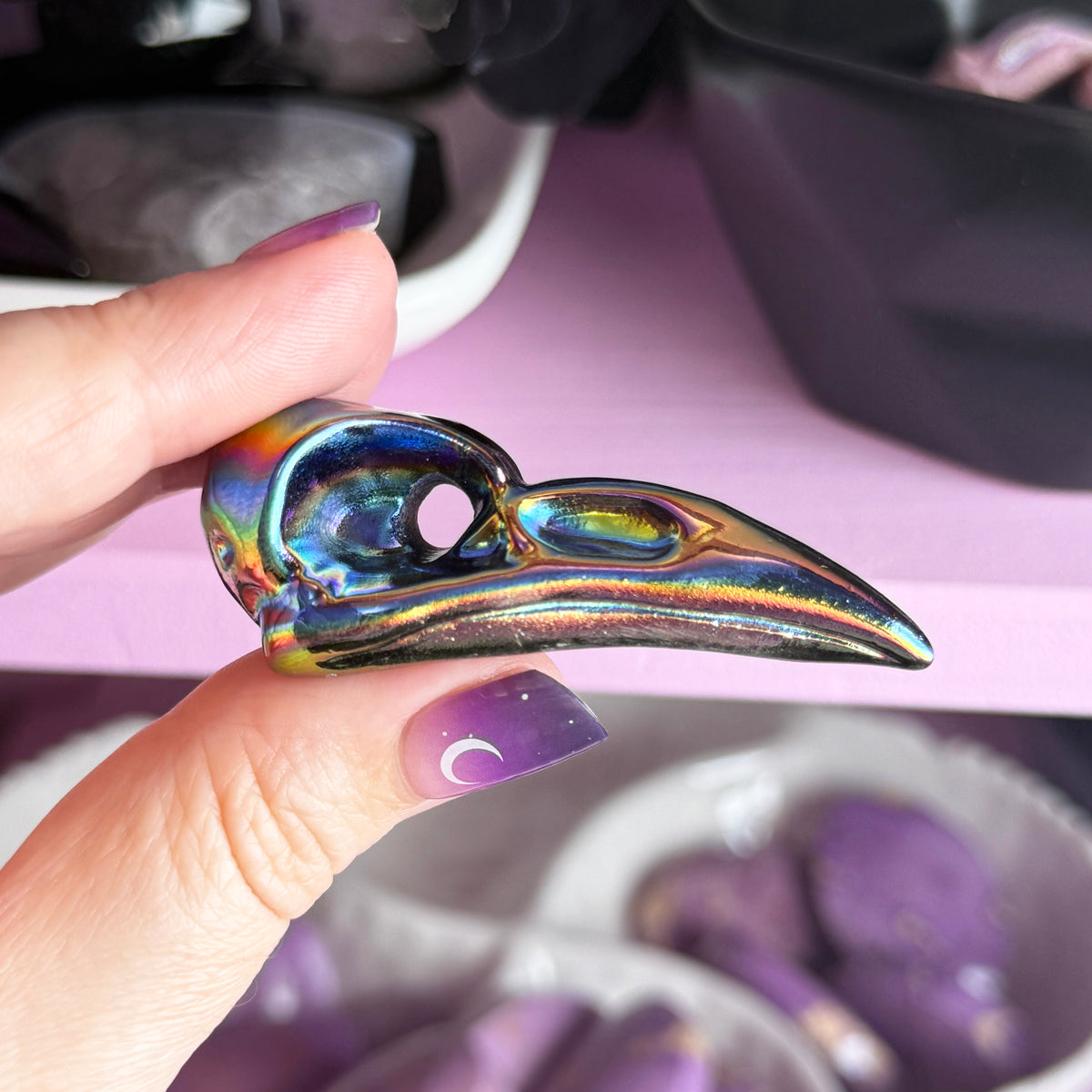 Titanium Aura Black Obsidian Bird Skulls
