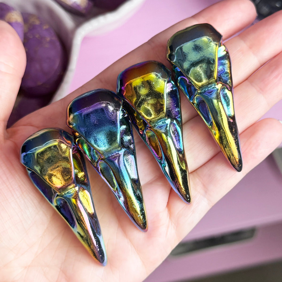 Titanium Aura Black Obsidian Bird Skulls