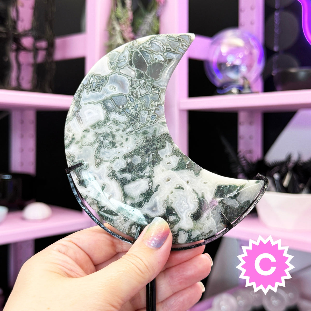 Moss Agate Moon + Metal Stand