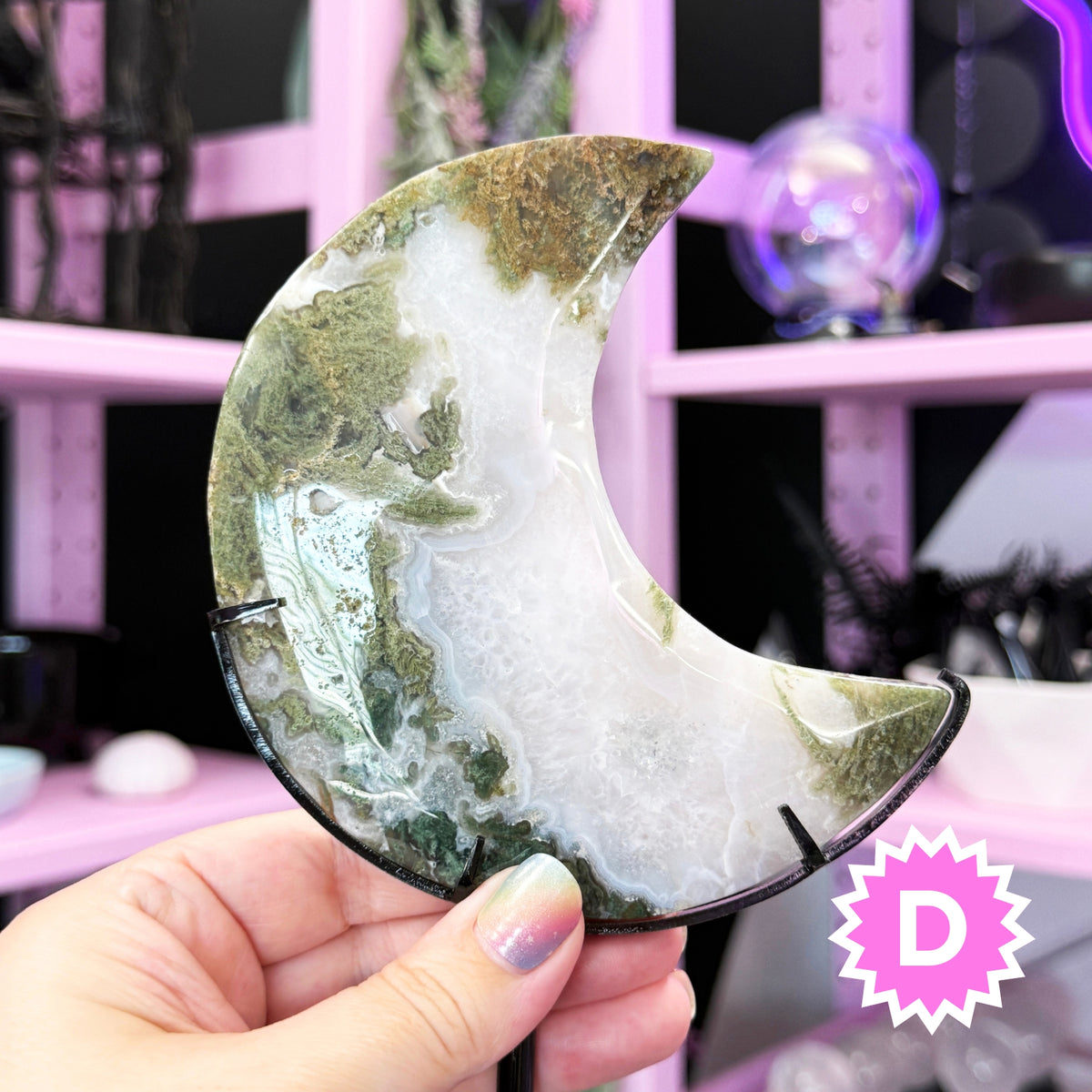 Moss Agate Moon + Metal Stand