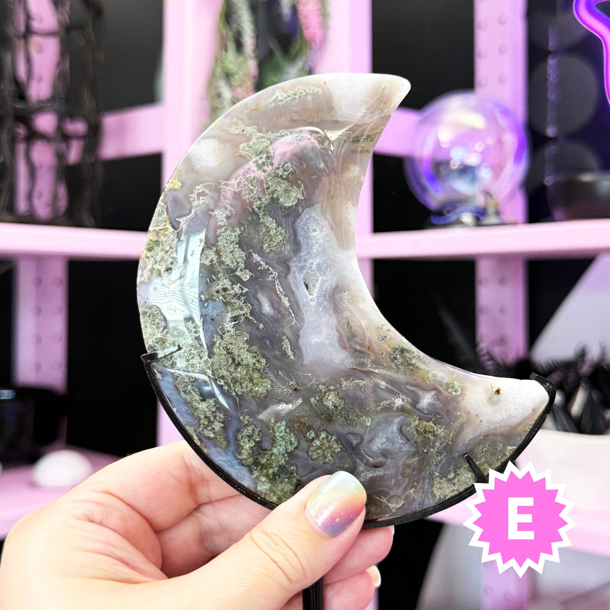 Moss Agate Moon + Metal Stand