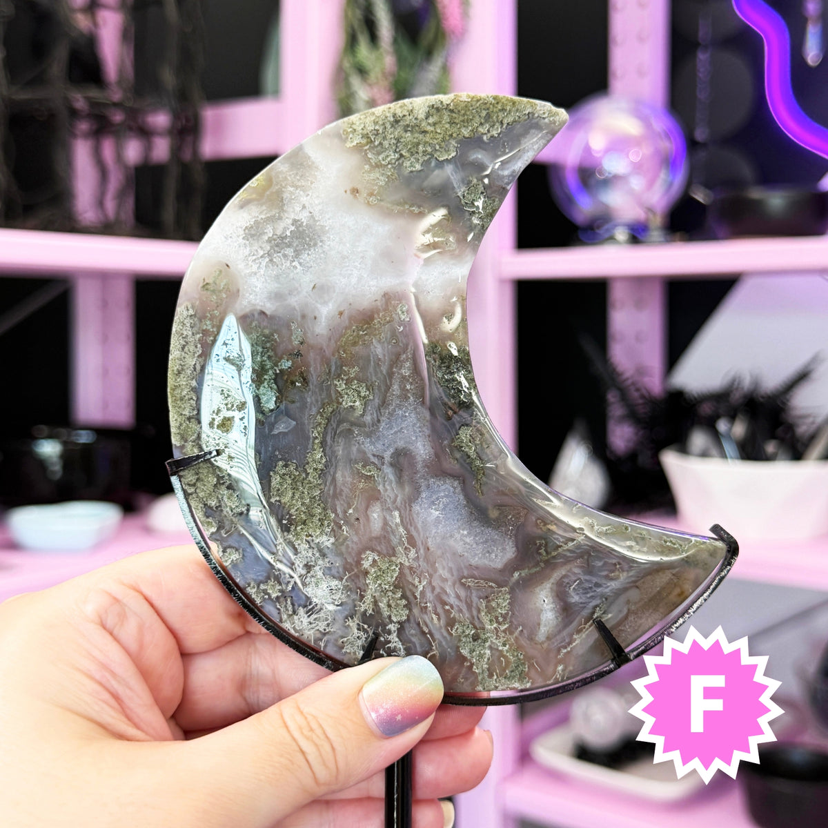 Moss Agate Moon + Metal Stand