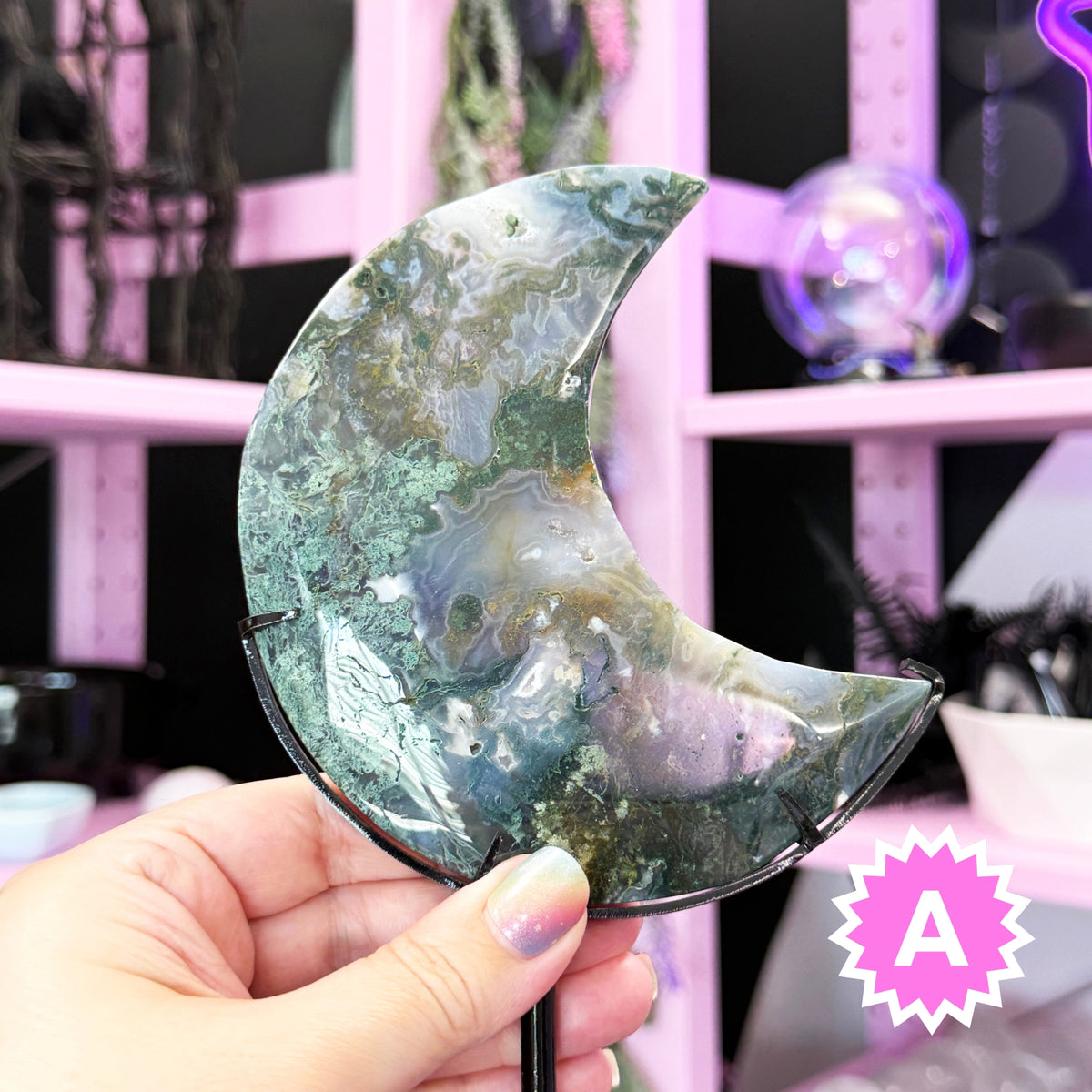 Moss Agate Moon + Metal Stand