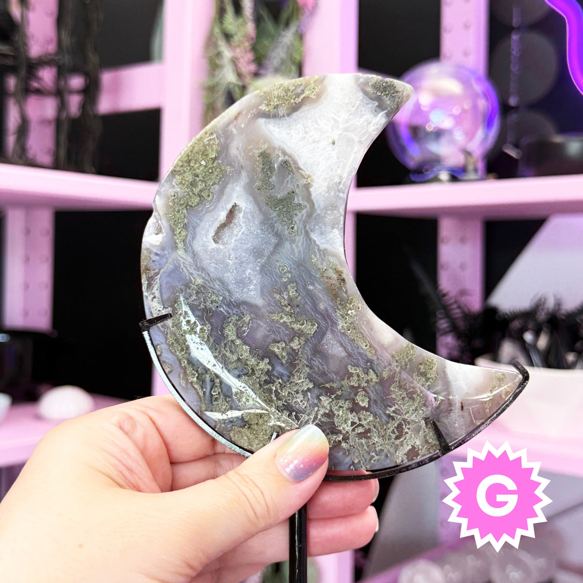 Moss Agate Moon + Metal Stand