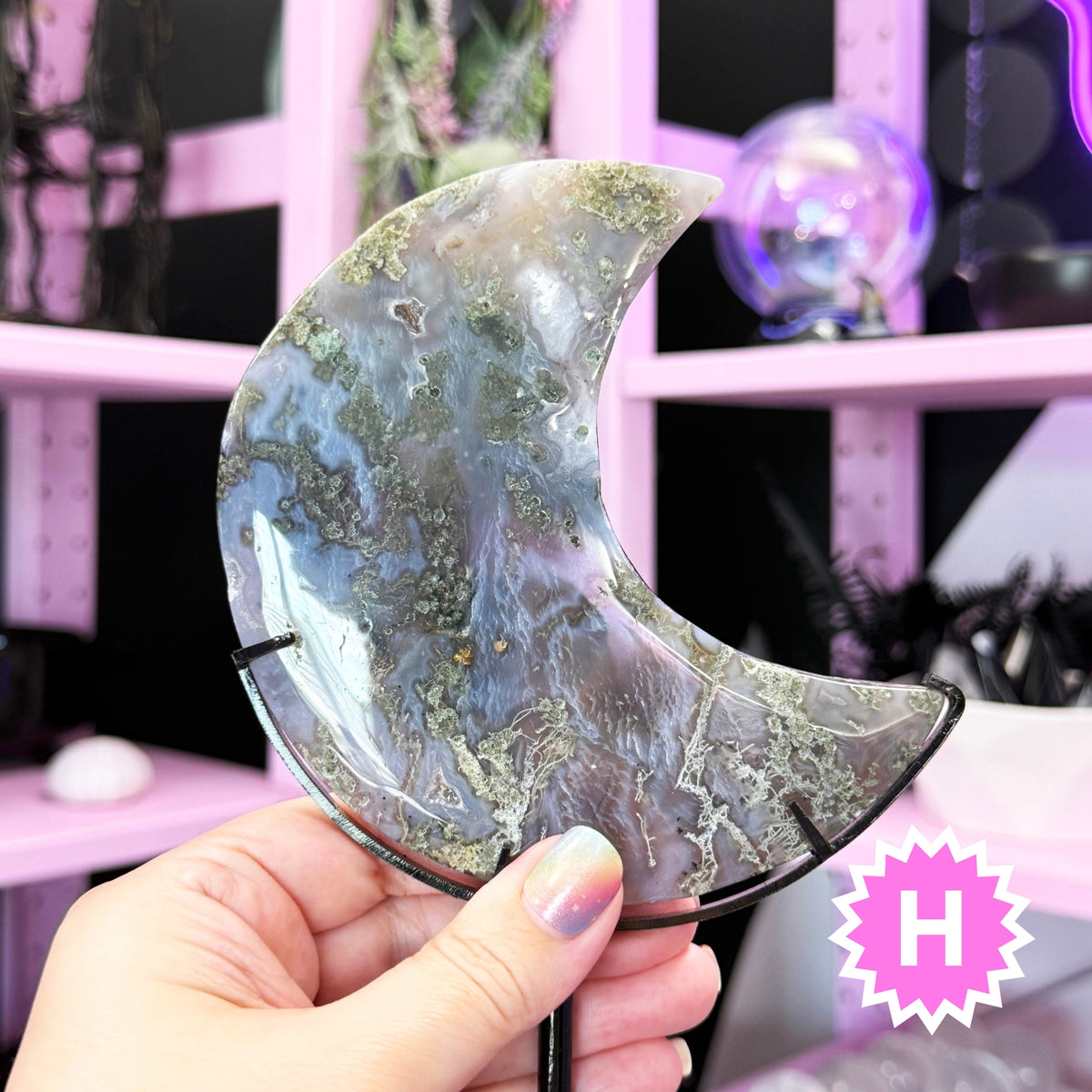 Moss Agate Moon + Metal Stand