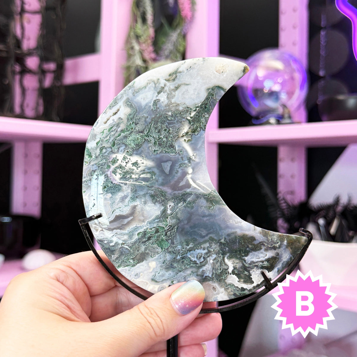 Moss Agate Moon + Metal Stand