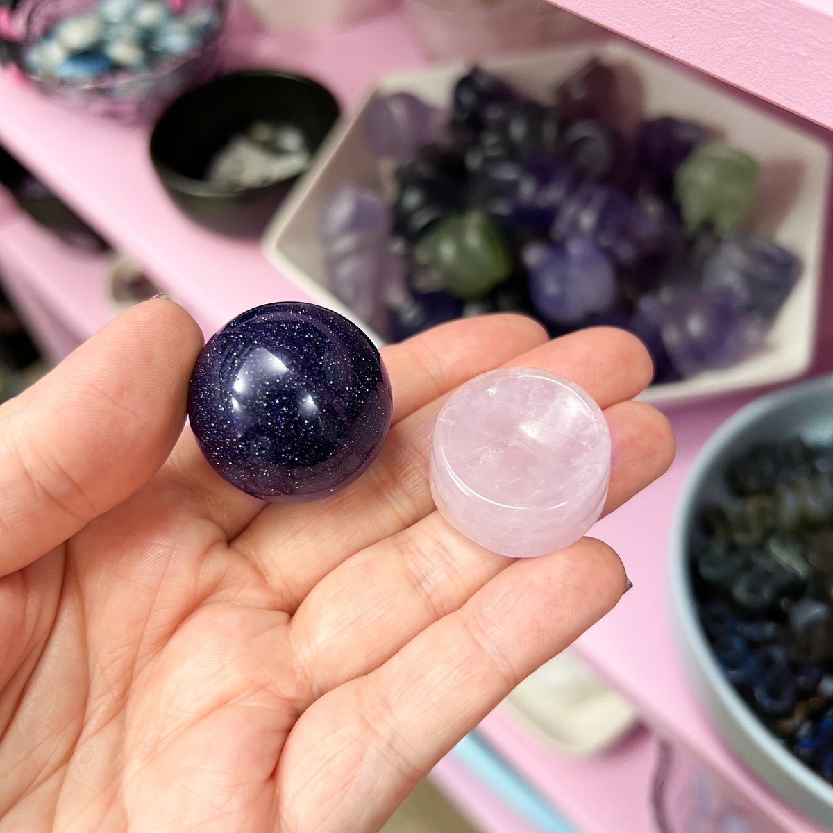 Blue Sandstone Sphere + Rose Quartz Stand