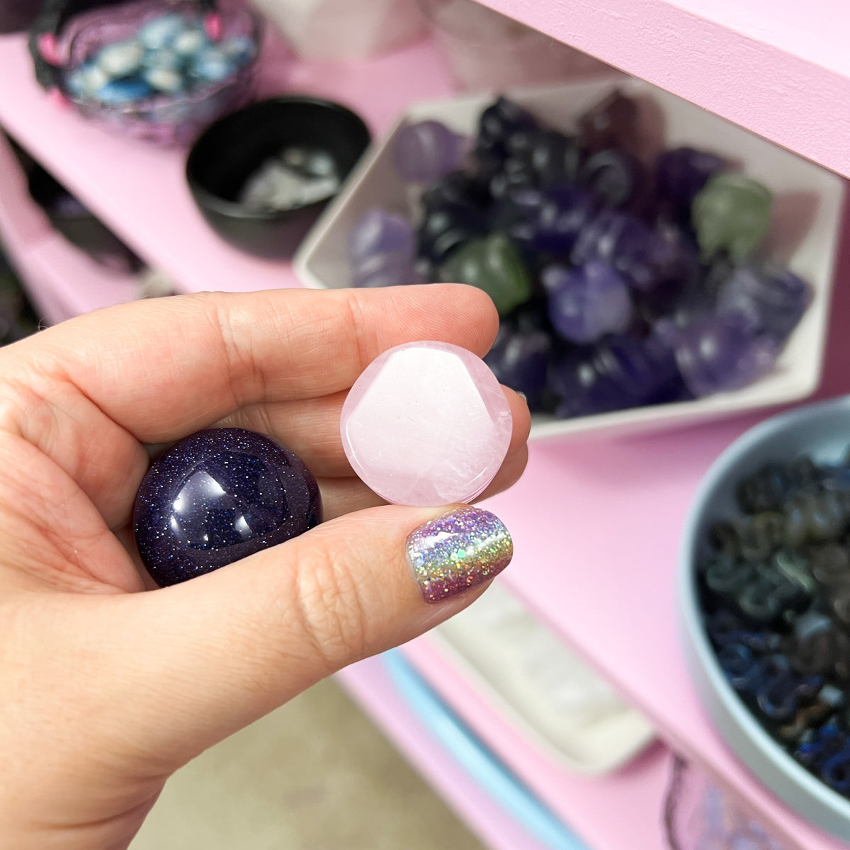 Blue Sandstone Sphere + Rose Quartz Stand